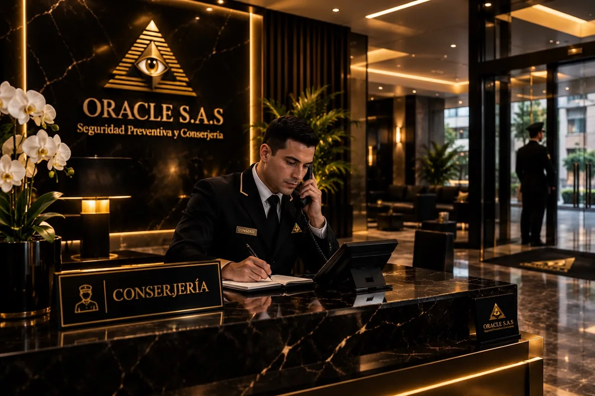 Conserje de ORACLE atendiendo el teléfono en el mostrador de recepción.