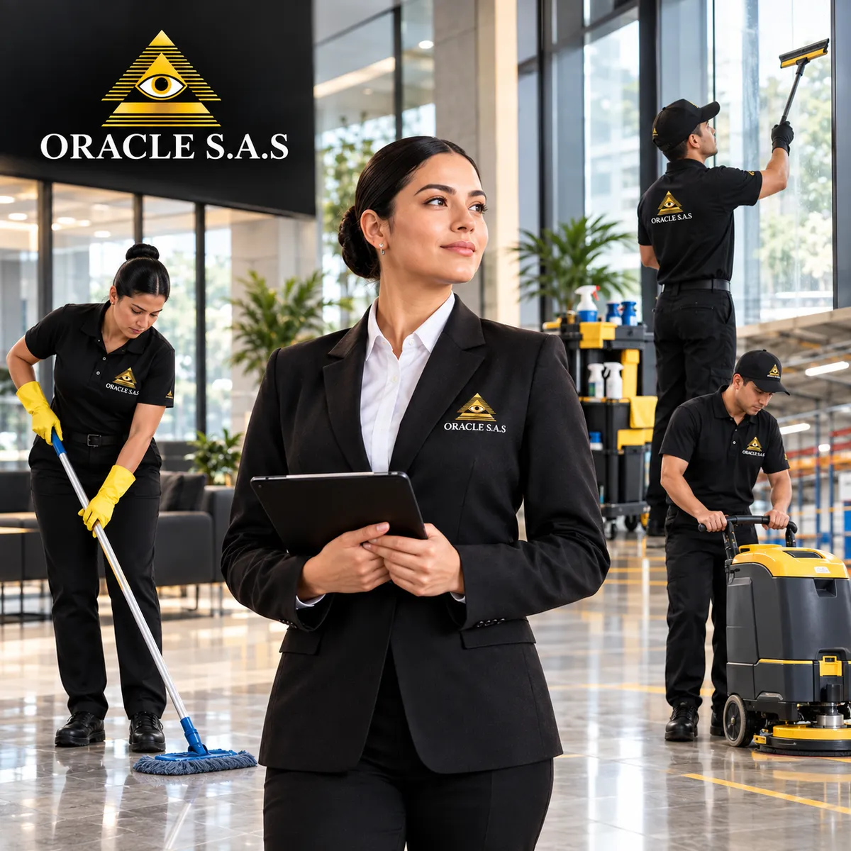 Equipo de ORACLE en el lobby de un edificio: una supervisora con tableta, una operaria trapeando, un operario limpiando un ventanal y otro operando una brilladora.